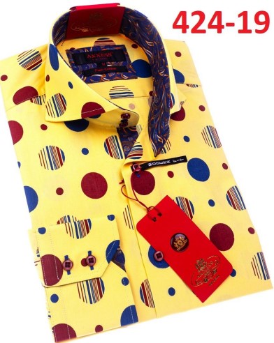 Axxess Yellow / Blue / Burgundy Polka Dot Cotton Modern Fit Dress Shirt With Button Cuff 424-19